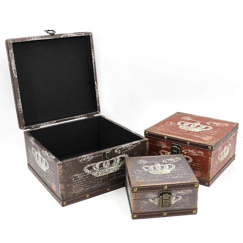 Jolitac Wood Storage Box Set of 3, Vintage Decorative Nesting Boxes Wooden Treasure Storage Crates With Latch, Home Decor Rustic Antique Boxes With Lid for Photos, Jewelry, Cash (Crown) - Image 2